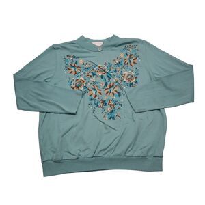 Adrian Delafield Sweater Womens Green Long Sleeve Floral Print Knitted Pullover